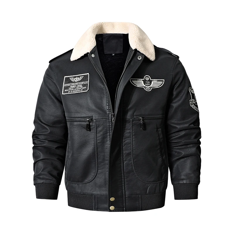 Men\'s Bomber Motorcycle Leather Jacket Vintage Brown Military Flight Coat Winter Fleece Faux Leather Pigskin Plus Size Jaqueta