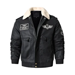 Herren Bomber Motorrad Leder Jacke Vintage Braun Militär Flug Mantel Winter Fleece Faux Leder Schweinsleder Plus Größe Jaqueta