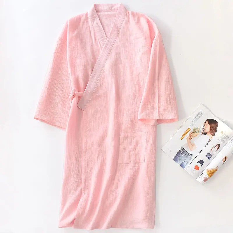 Autumn 100% Cotton Crepe Double Gauze Japanese Kimono Robe Womens Robes Sleepwear Couple Dressing Gown Long Wedding Pajamas