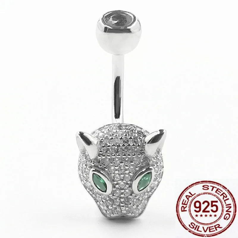 

Leopard head 925 silver belly bars body piercing for women green stone eye punk allergy free 8mm