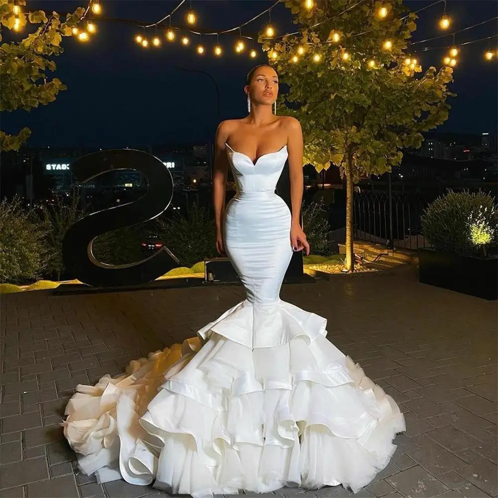 Robe de mariée sirène en Satin, grande taille, traîne à balayage, volants à plusieurs niveaux, luxueuse robe de mariage de dubaï, 2021