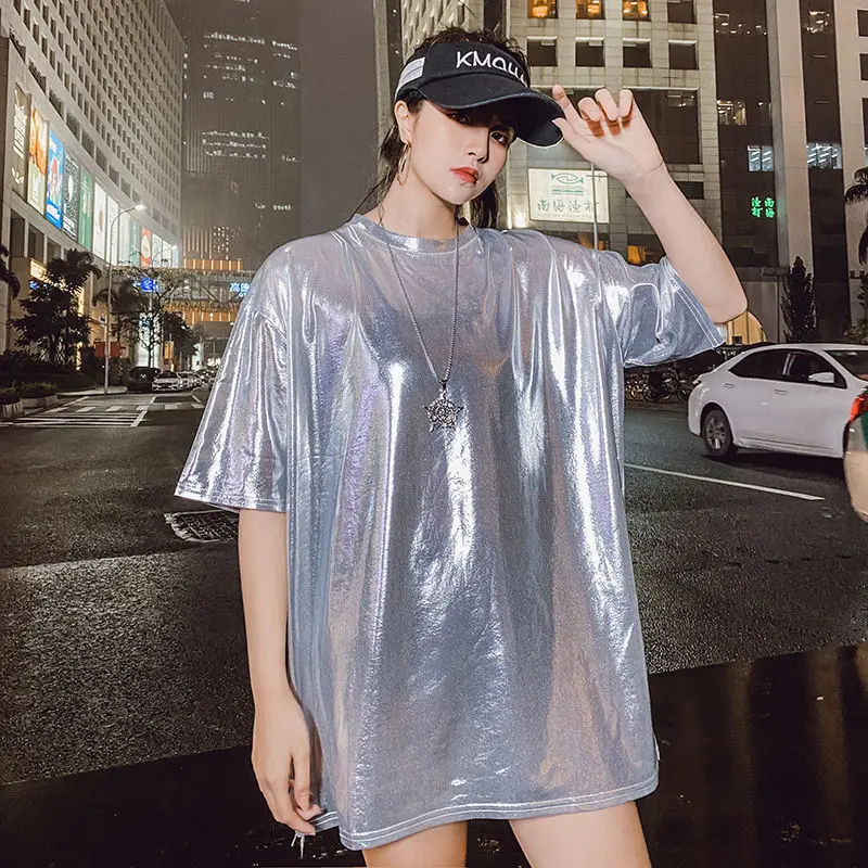 VERSMA Korean Chic Summer Silver Glossy T-shirt Men Women Hip Hop Reflective Sequin Rock Punk Oversized Men T-shirt Dropshipping