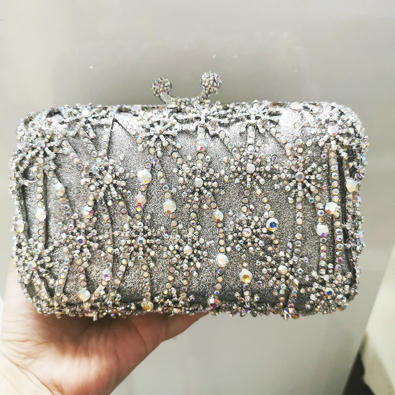 

Silver Metal AB Diamond Evening Wedding Bag Luxury WHTUOHENG Crystal Chain Bags Purses Clutch Handbags Party Prom Clutches