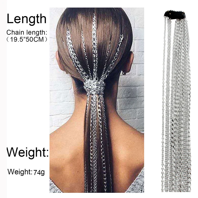 Bohemian Silver color Hair Extensions Clip Multi strand Long Tassel Chain Bridal Wedding Hair Accessories Headwear