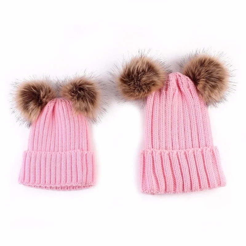 Dropshipping Winter Double Plush Ball Cap Hat for Women Baby Girls Knitted Beanies Cap Hat Thick Female Autumn Gorro New