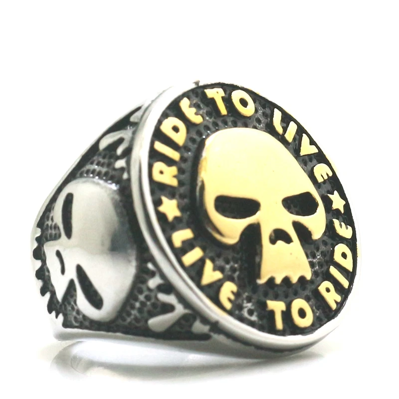 Size 7 to size 15 Unisex 316L Stainless Steel Rider to Live, Live to Ride Skull Biker Rider Ring