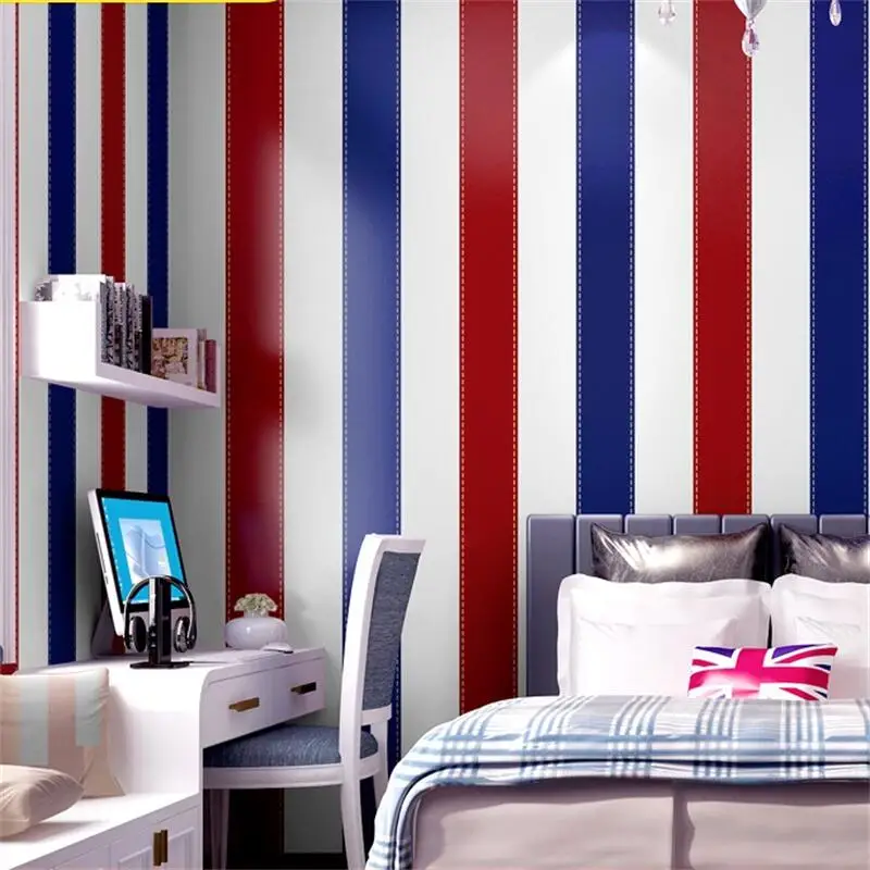 

wellyu European and American style wallpaper boy bedroom children's room red and blue vertical stripes British style wallpaper