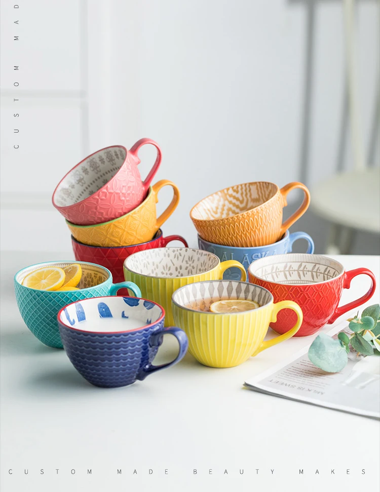 European Style Ceramic Coffee Cups Milk Tea Breakfast Mug Cappuccino Flower Cups Latte Kitchen Tableware High-grade