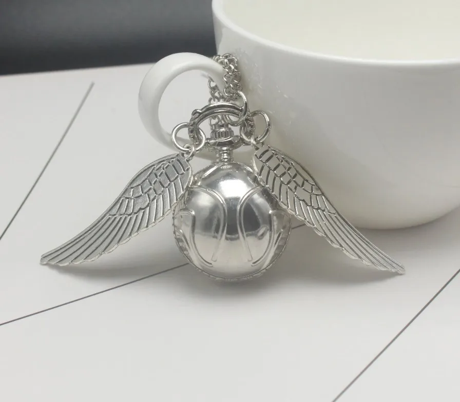 Retro Snitch Ball Shaped Potter Quartz Pocket Watch Fashion Sweater Angel Wings Necklace Chain Gifts for kids Anime Accessories