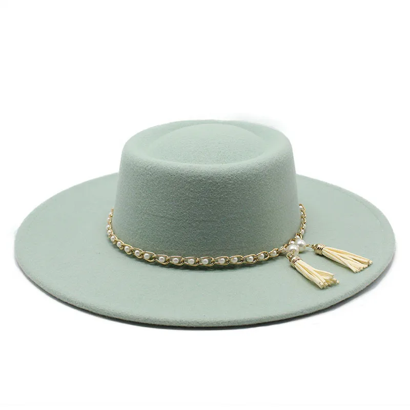 Summer Simple Dome Solid Color Wool Felt Jazz Fedora Hats with Pearl Chain Men Women Wide Brim Panama Trilby Cap Autumn winter