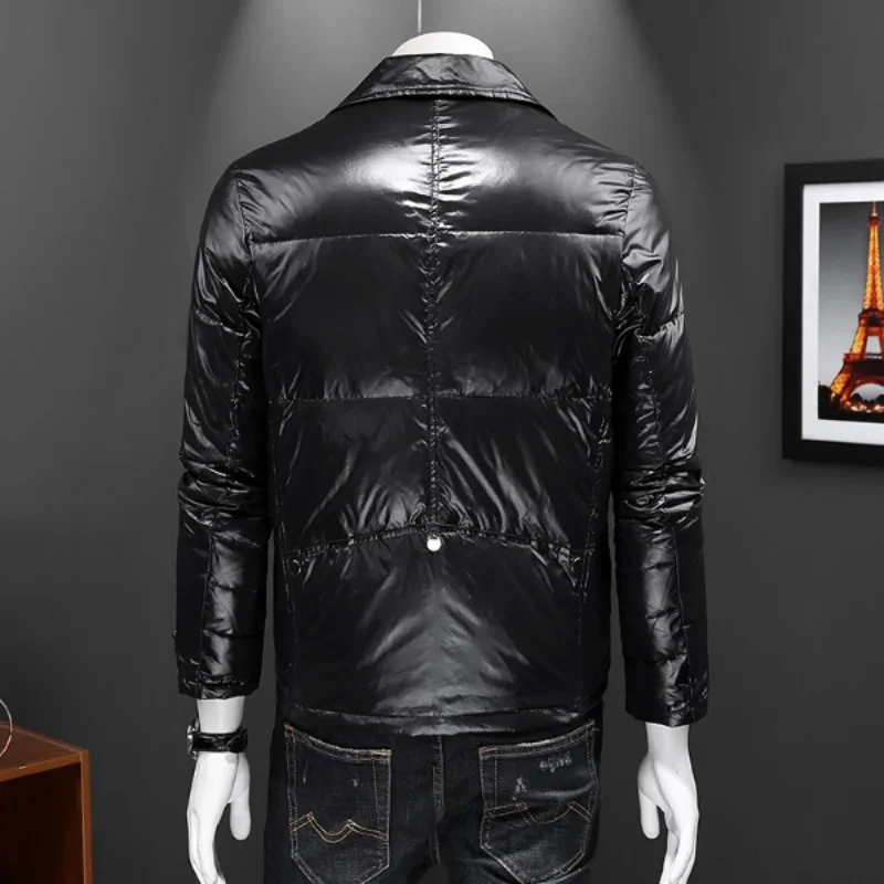 Abrigo brillante con solapa y cremallera para hombre, Chaqueta corta Lisa para motocicleta, abrigo cálido para invierno, estilo coreano, negro y azul profundo