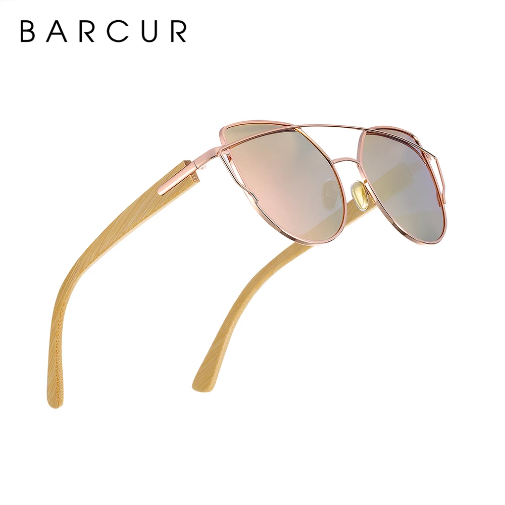 Barcur Bamboe Cat Eye Zonnebril Gepolariseerde Metalen Frame Houten Bril Lady Luxe Fashion Zon Shades Met Doos Gratis