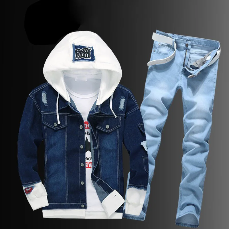 

Men Casual Hooded Cowboy Jacket Zipper Jeans Two Piece Set Plus Size Street Single Breasted Hole Ripped Blue Denim Coat Suit