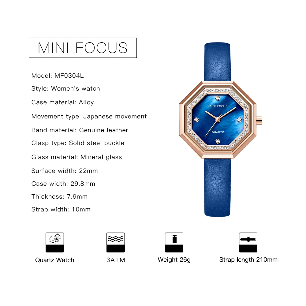 MINI FOCUS موضة عادية جلدية حزام ساعات كوارتز نساء مقاوم للماء ساعة اليد السيدات الفاخرة العلامة التجارية ساعة امرأة 0304L