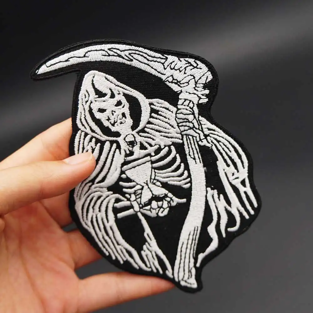 Large Sickle Grim Reaper Embroidery Punk Skull Patches Clothes Stickers Apparel Accessories Badge