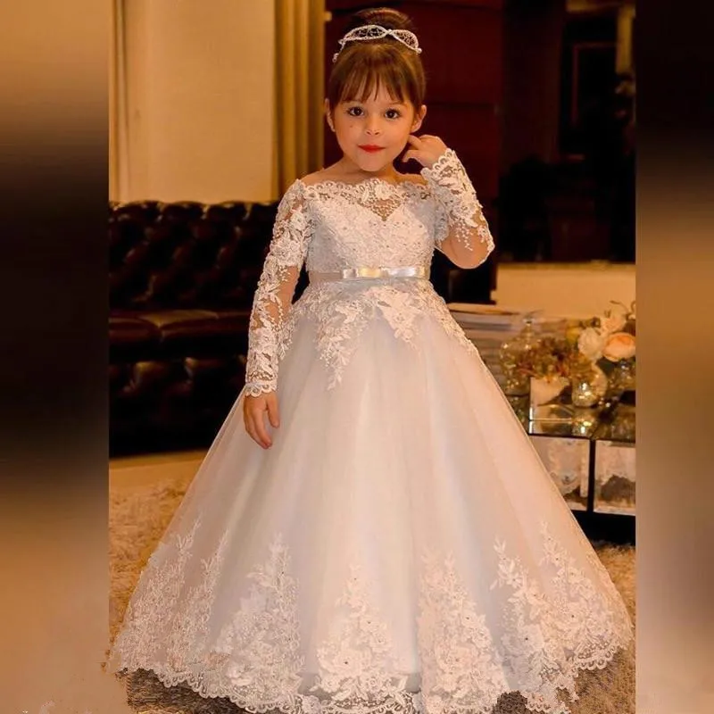 Vestido de flores blanco/Marfil para niña, fiesta de cumpleaños, boda, ocasión Formal, cinturón con cuentas, Princesa, apliques, lazo de encaje, primera commun