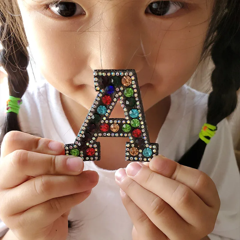 26 English Letters Colorful Rhinestone Patches For Clothes A-Z Alphabet Crystal Applique Iron On Clothing Patches DIY Name Craft