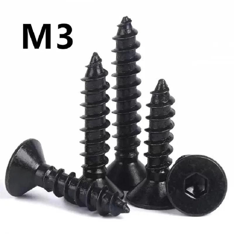 

50pcs/lot M3x6/8/10/12/16/20mm Countersunk Head Hexagonal Self Tapping Screw Flat Head Screws Black 8.8 High Strength