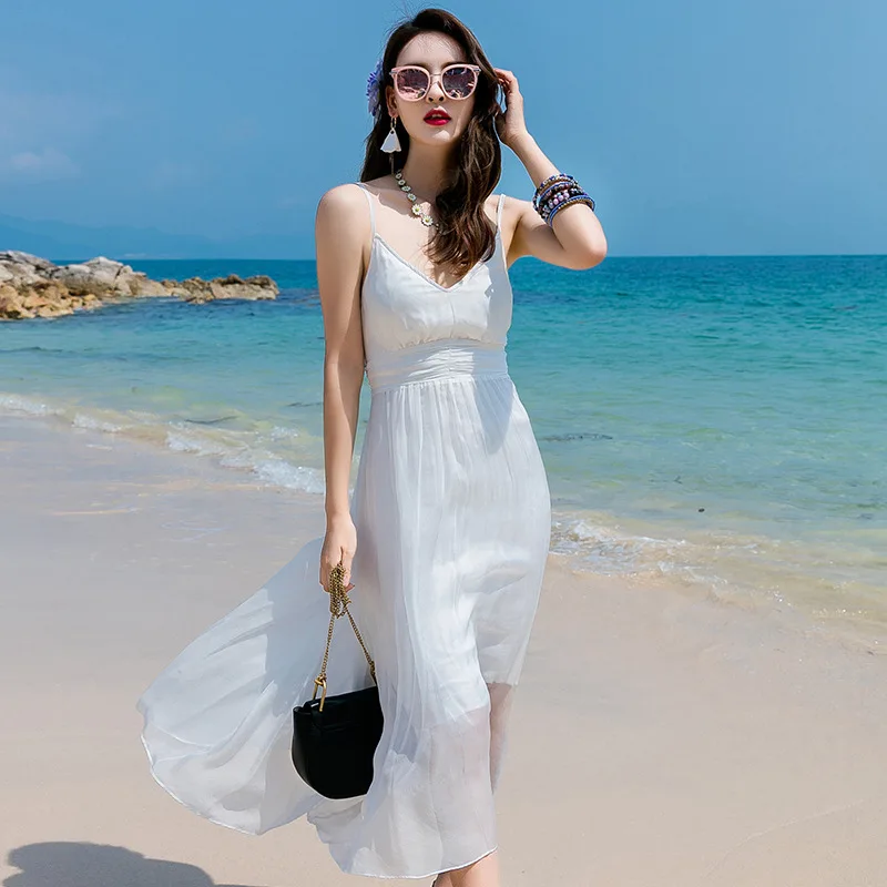 Longue robe d'été en soie blanche style Boho, dos nu, Sexy, tenue de plage, de soirée, Maxi, LWL1529