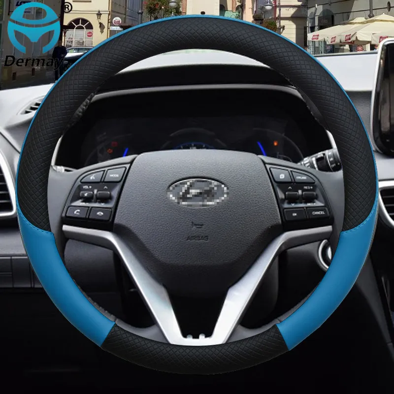 100% DERMAY Brand Leather Car Steering Wheel Cover Anti-slip for Hyundai i30 kona i10 i35 elantra santa fe Auto Accessories