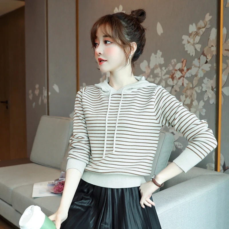 

Women's Trendy Knitting Pullover Sweater Striped Hooded Long Sleeves Elastic Waist Women Knitted Pullover Autumn Spring 2021