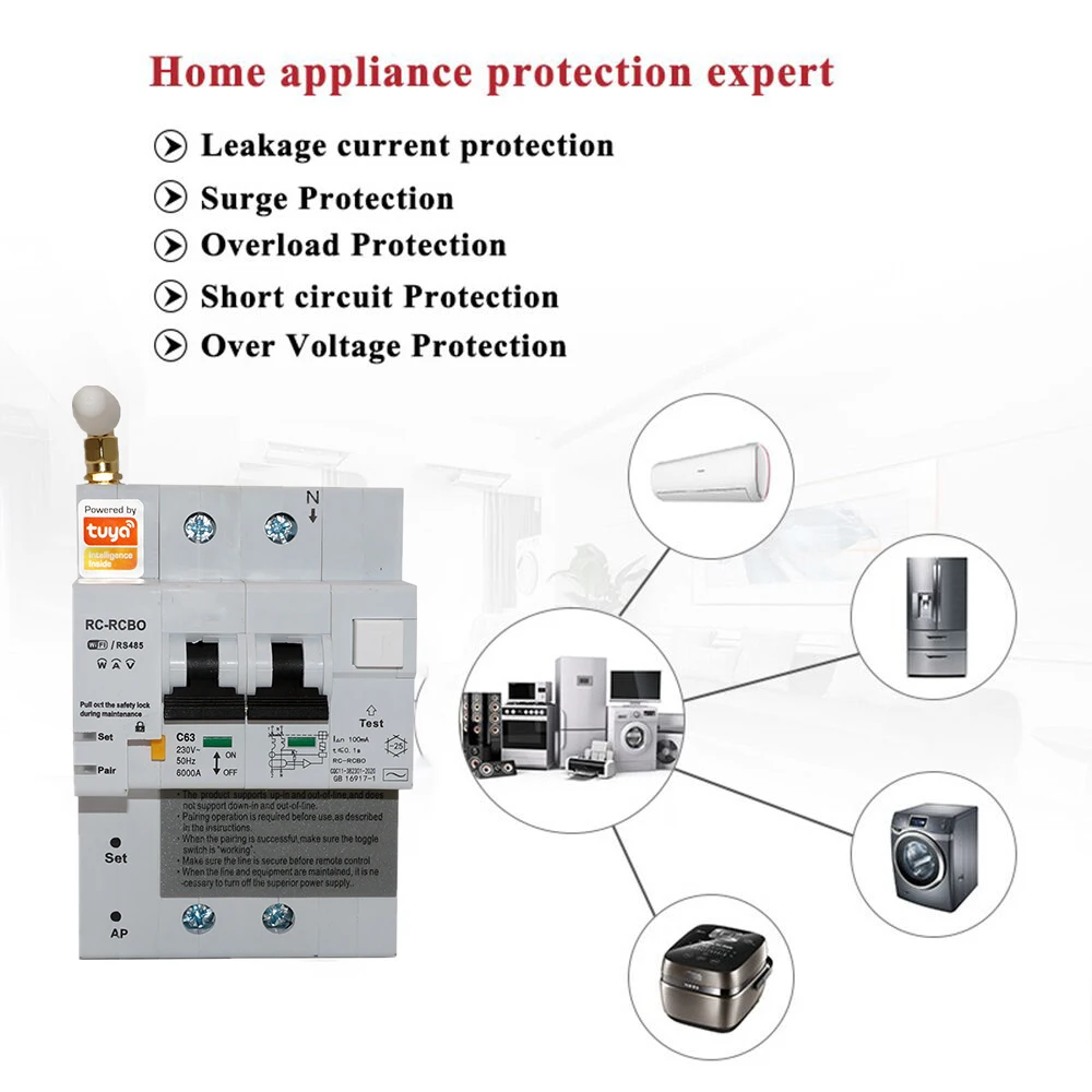 Tuya Smart  APP RCBO Circuit Breaker with Power Monitoring 2P 16A-100A WiFi RCBO MCB Leakage Current  Short Circuit Protection