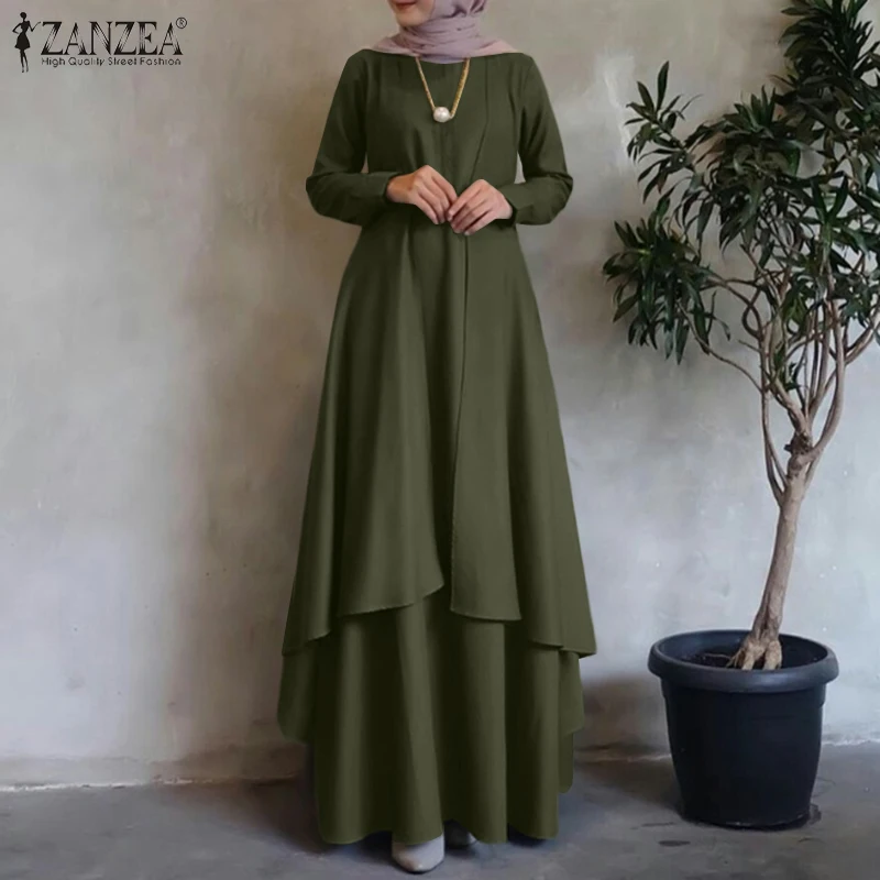 ZANZEA Women Muslim Irregular Maxi Dresses 2023 Spring Autumn Long Sleeve Vestidos Casual Kaftan Loose Long Abaya Sundress Robe