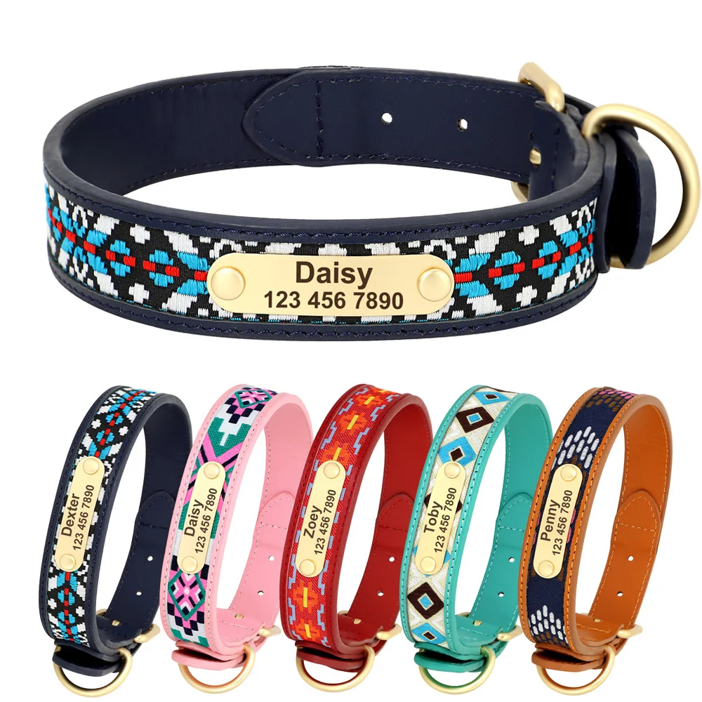 Tribal Dog Collar Personalized Leather Dog Collars Ethnic Embroidery Handmade Pet Collars ID Tag for Small Medium Large Dogs Pug