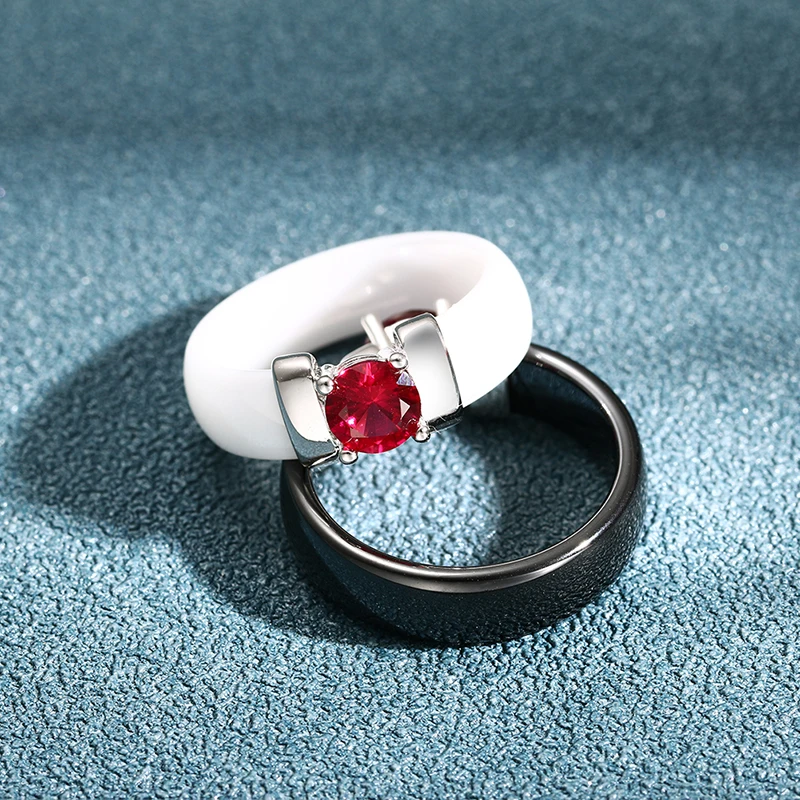 6mm White Black Ceramic Rings Plus Red Cubic Zirconia For Women Gold Color Stainless Steel Women Wedding Ring Engagement Jewelry