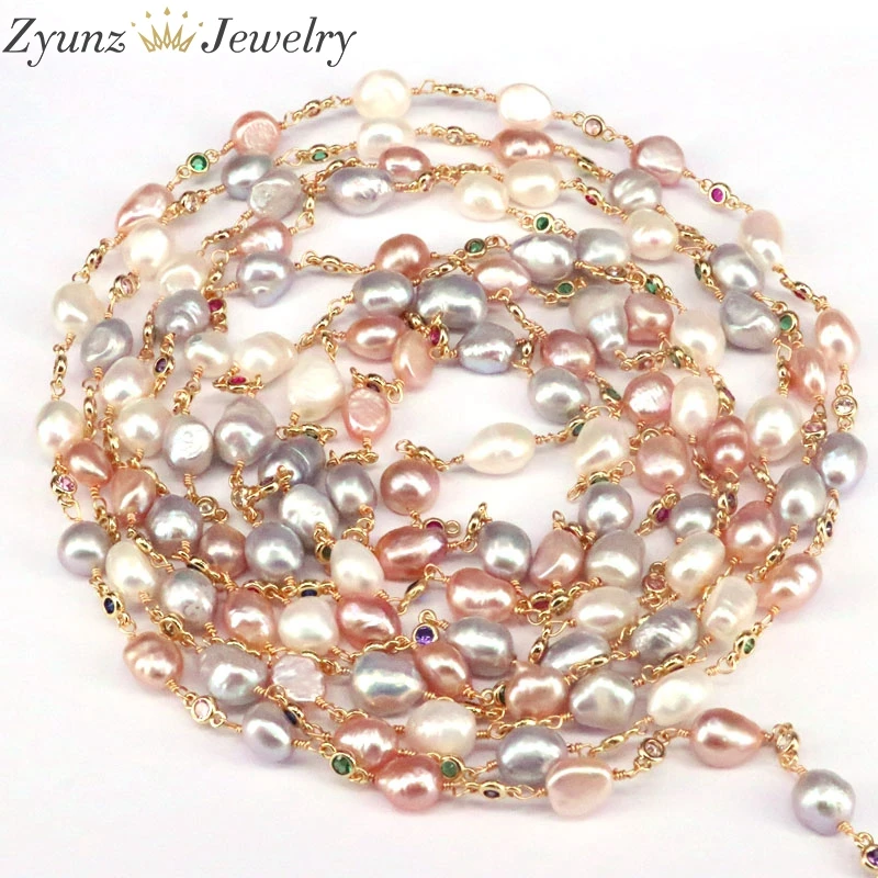 3 Meters, Fresh Water Pearl Beads Chains For Jewelry Making, Irregular Pearl Links Colorful Zircon Gold Color Rosary Chains