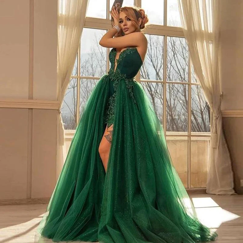 SoDigne-vestido de noche de encaje verde brillante, apliques de tren desmontables, tul sin tirantes, vestidos de fiesta de graduación, 2022