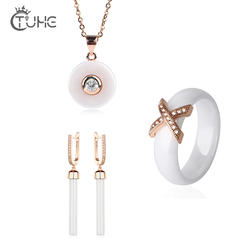 3pcs/set 585 Rose Gold Women Jewelry Set 6MM X Ceramic Ring Long White Drop Earring Cubic Zircon Necklace Wedding Christmas Gift