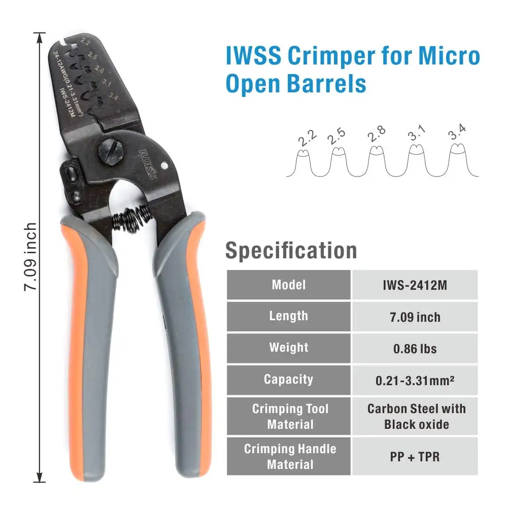 IWISS IWS-2412 Open Barrel Crimping Plier Works on AWG24-12 JAM, Molex, Tyco, JST Terminals With 1000PCS Connectors Tool Kit