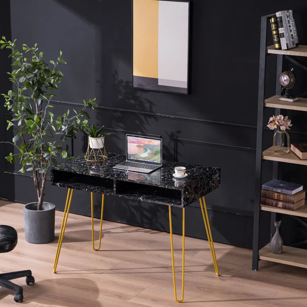 [103 x 55 x 80]cm Marble Iron Foot Computer Table Black