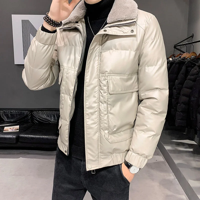 Winter 2022 Fashion Lapel Mens Pu Leather Cotton Padded Jacket Slim Fit Coat Men Parka Thicken Puffer Jacket Men Outerwear B362