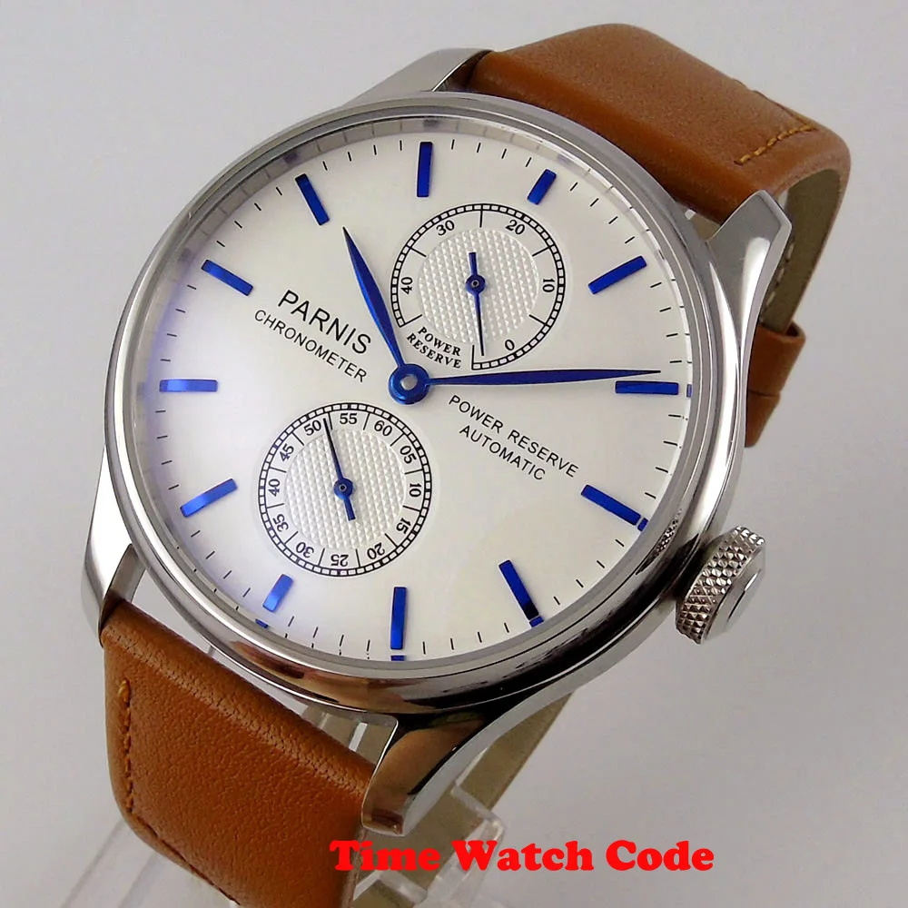 

43mm PARNIS Automatic Men's Wristwatch White dial blue marks Power reserve ST2542 Brown leather strap polished bezel