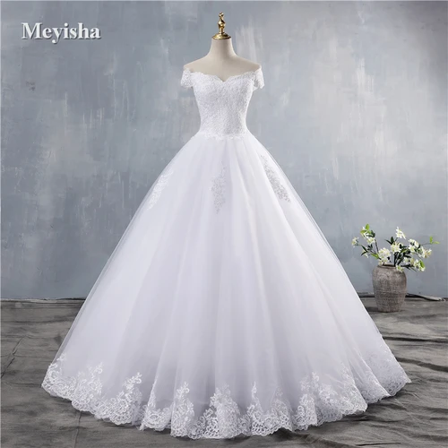 Personalizado ZJ9143 blanco nuevo marfil elegante vestido de novia con hombros descubiertos para novias parte inferior de encaje cariño con borde de encaje de talla grande