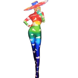 Cloud Rainbow Pattern Printing Jumpsuits Hat Accessories Turtleneck Theatrical Costume For Women Ladies Performance Clothing