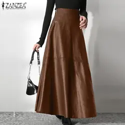 Women Elegant OL Solid Skirts Fashion PU Leather Skirt ZANZEA Office Lady Zipper Long Skirt Elegant Party A Line Bottom Oversize