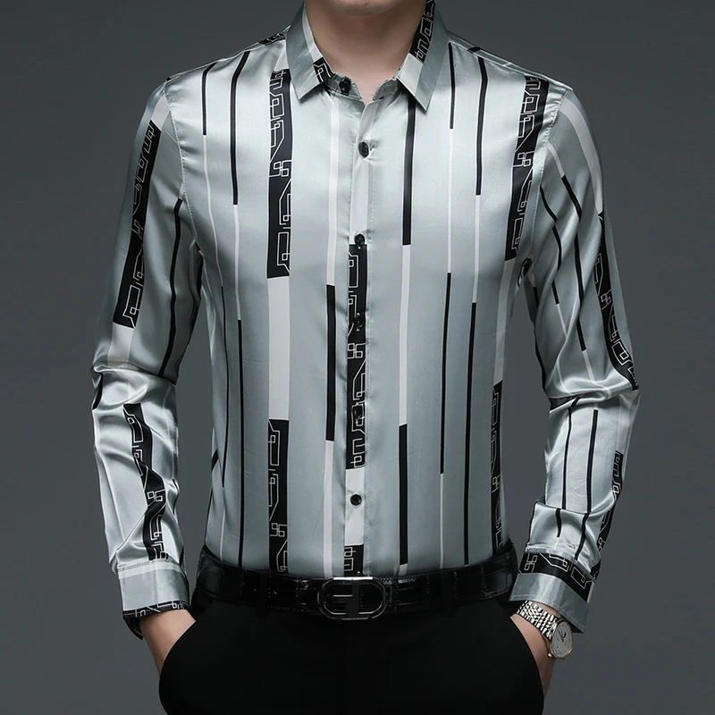 New Arrival Men\'s Silk Clothes 2022 Spring Fashion Stripes Satin Silk Shirts Long Sleeve Male Striped Silk Dress Shirts