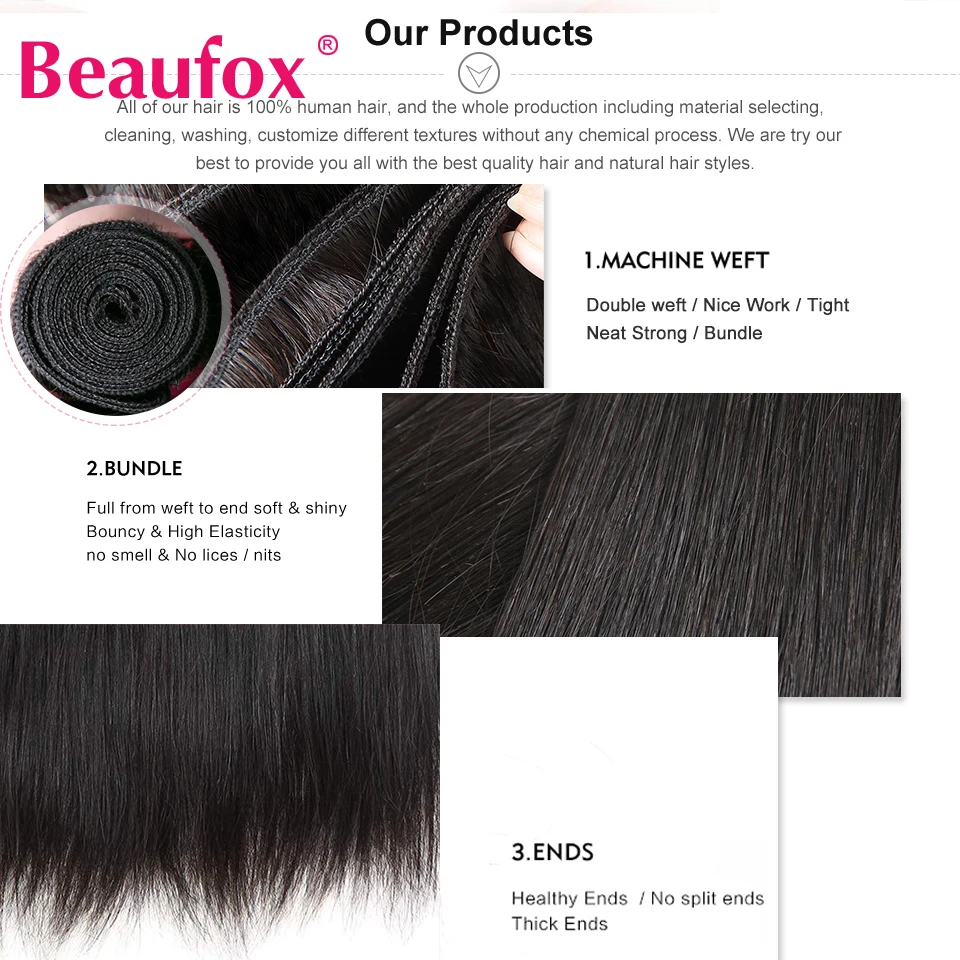 Beaufox Paquetes de Cabello Peruano Lacio Extensiones de Cabello Humano Tejido Remy Cabello Natural Negro 1/3/4 Pcs 8-30 Pulgadas 2