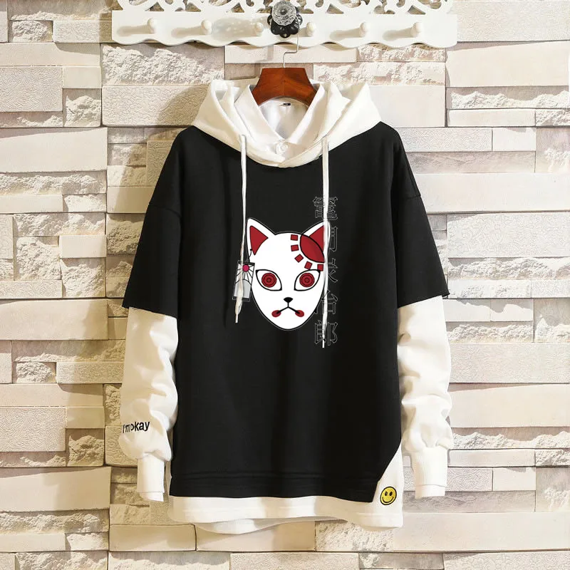 New Demon Slayer Anime Tanjiro And Nezuko Hoodie Stitching Men Women Korean Kpop Street Style Fake Two Sweatshirt Sudadera Mujer