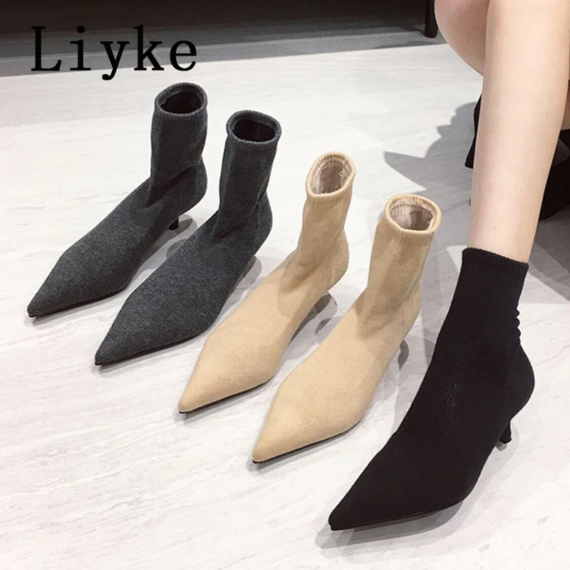 Liyke Spring Autumn Casual Cozy Black Stretch Fabric Ankle Sock Boots Women Pointed Toe Low Thin Heels Slip On Shoes