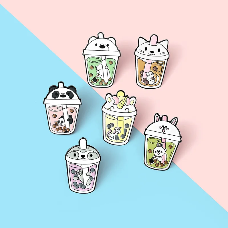 Cartoon Cute Animal Pearl Milk Tea Drink Enamel Brooch Panda Bear Sloth Rabbit Cat Alloy Pins Badge Sweet Accessories Jewelry