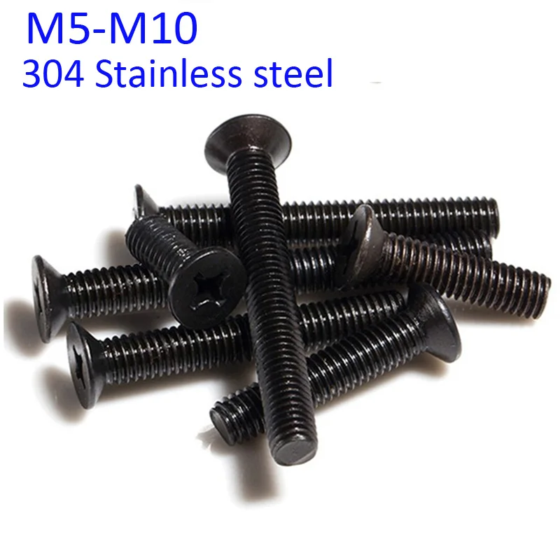 2/20 M4 M5 M6 M8 Black 304 Stainless Steel Cross Recessed Phillips Flat Countersunk Head Screw Bolt Dia 4 5 6 8mm Length 6-100mm