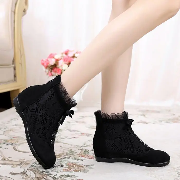 New Spring Autumn hollowed-out mesh boots Women\'s Genuine leather flat bottom short boots increased single shoes