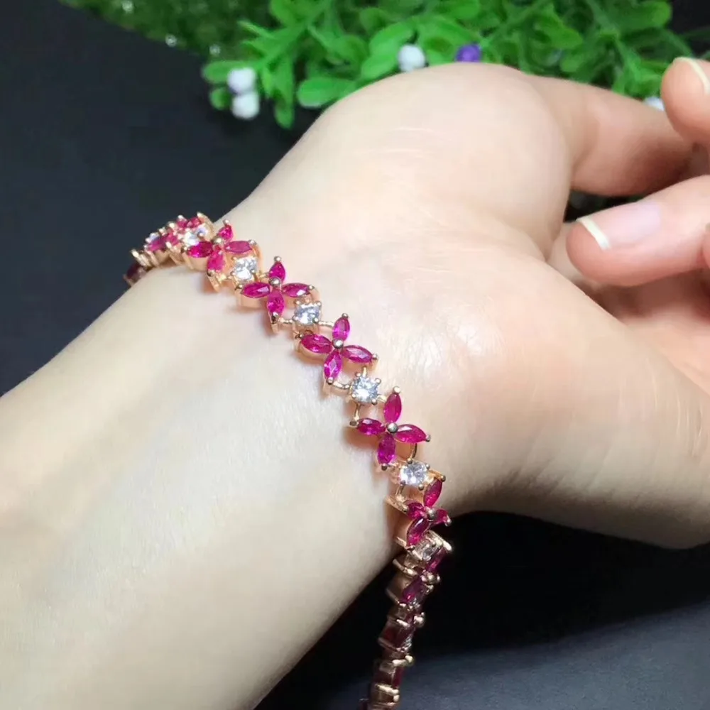 luxury charming red ruby gemstone bracelet for women with silver jewelry clover shape  party anniversary gift style hot selling