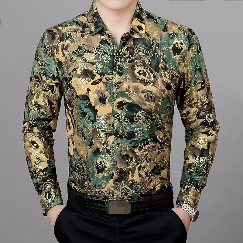 Men Autumn Long Sleeve Shirts Fashion Square Collar Flower Print Satin Shirt Single Breasted Business Formal Tops Plus Size