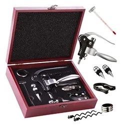 Stainless Steel Opener for Wine Professional Bottle Opener Tools Set with Wood Gift Box Pourer Stopper Foil Cutter Drip Ring Kit