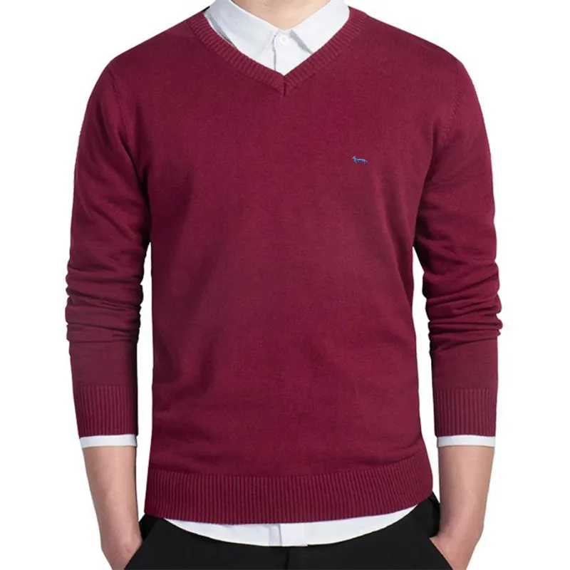 New Winter Brand Men Casual V-Neck Solid Keep Warm Sweater 100%Cotton Harmont Embroidery Long Sleeve Blaine Sweaters